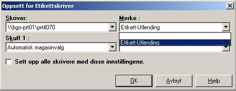Når etikettene er skrevet ut må man gå tilbake i Skrivervalg og sette blank verdi i feltet Merke på Etikettskriveren igjen.