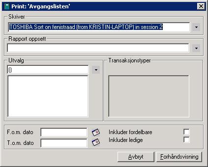 For å kjøre ut en rapport, eller se resultatet direkte på skjerm, dobbeltklikkes på rapporten og følgende dialog kommer opp. I eksempelet er klikket på Avgangslisten som kommer frem i headingen på.