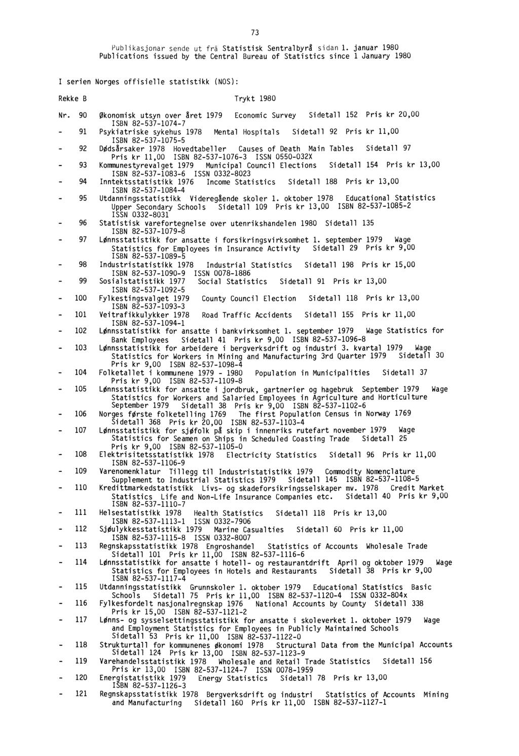 73 Publikasjonar sende ut frå Statistisk Sentralbyrå sidan.