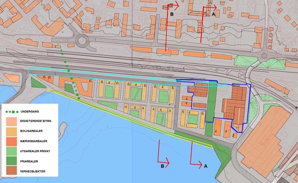 Dette fører til tap av tomteareal på ca 6 da. Dette er merket med turkis. Strandsone- begrensningen er merket gult.