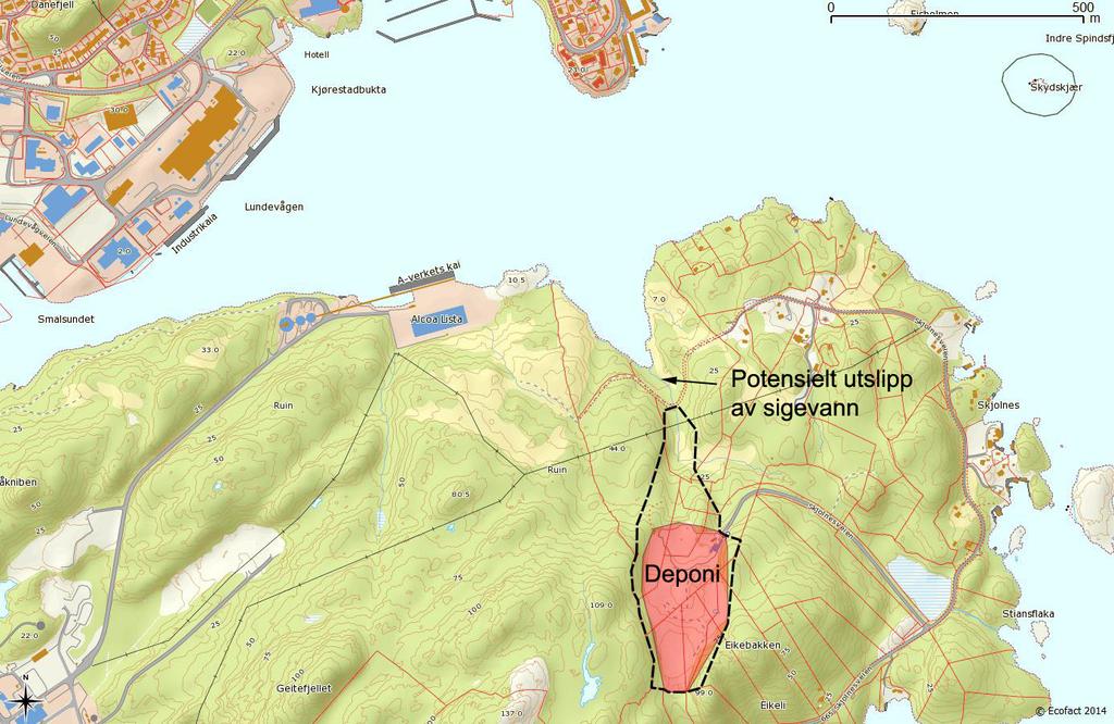 Omrisset av reguleringsplan for havne- og industriområde. I tillegg til maritime bruksområder så ligger det et avfallsdeponi på Skjoldnes.