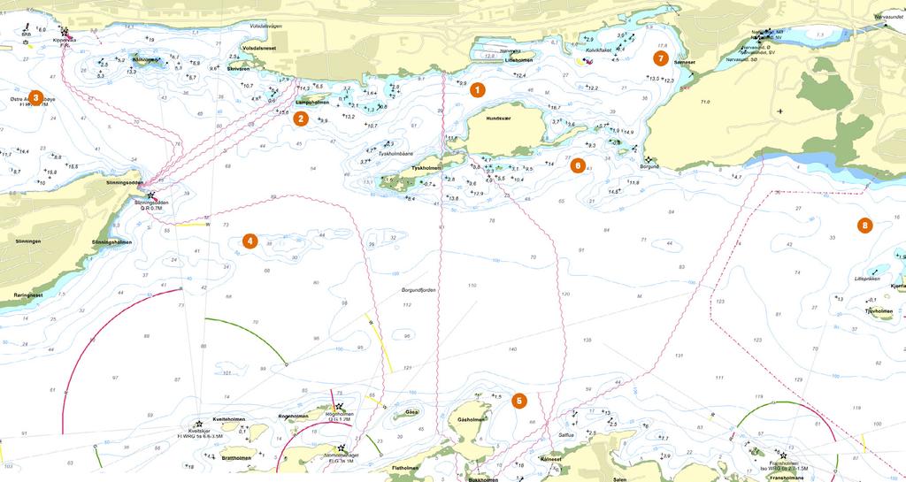 Seilingsbetsemmlser KJØLBÅT 2015 10 av 10 Ålesunds Seilforening Kart over utlagte /faste merker Borgundfjorden 2015 1. Utlagt merke S av molo i Nørvevika 2. Utlagt merke S av Lampholmen 3.