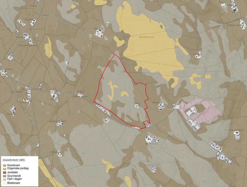 Myr: Figur 9: Utklipp fra Kilden, NIBIO: Grunnforhold (AR5). Planområdet er vist med rød linje.