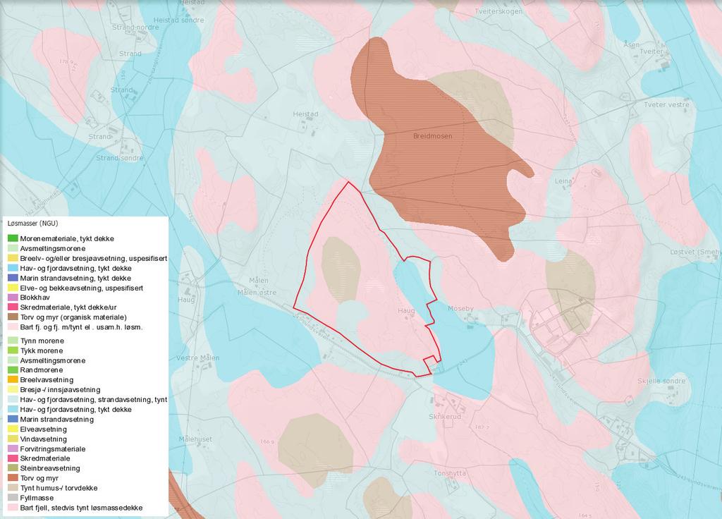 Løsmasser: Figur 13: Utklipp fra Kilden, NIBIO: løsmasser. Planområdet er vist med rød linje.