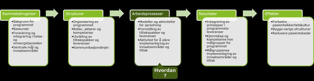 Figuren under illustrerer tilnærmingen til evalueringen. Evalueringen våren 2017 vektlegger arbeidsprosesser i pasientsikkerhetsprogrammet. Figur 4.