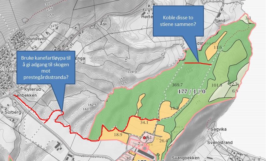 Figur 3. Mulig alternativ rute rundt kanefartløypa Felles for disse alternativene er at Sylling rideklubb og grunneiere felles må se på muligheten for å lage en alternativ adkomst.