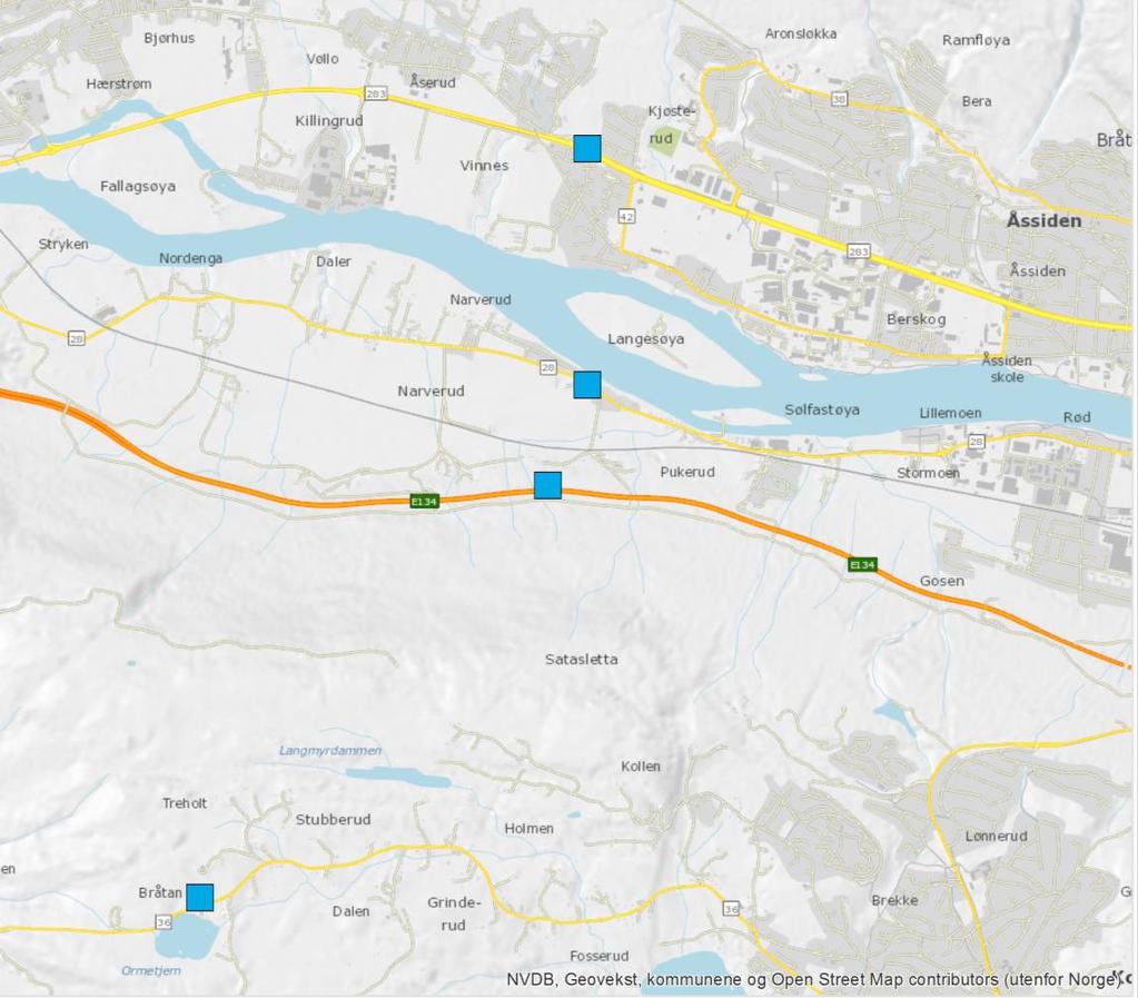 Anbefalt forslag til Buskerudbypakke 2 4.1.4 Bompunkter mellom Nedre Eiker og Drammen Bompunkter på kommunegrensen mellom Nedre Eiker kommune og Drammen kommune er vist på kart under.