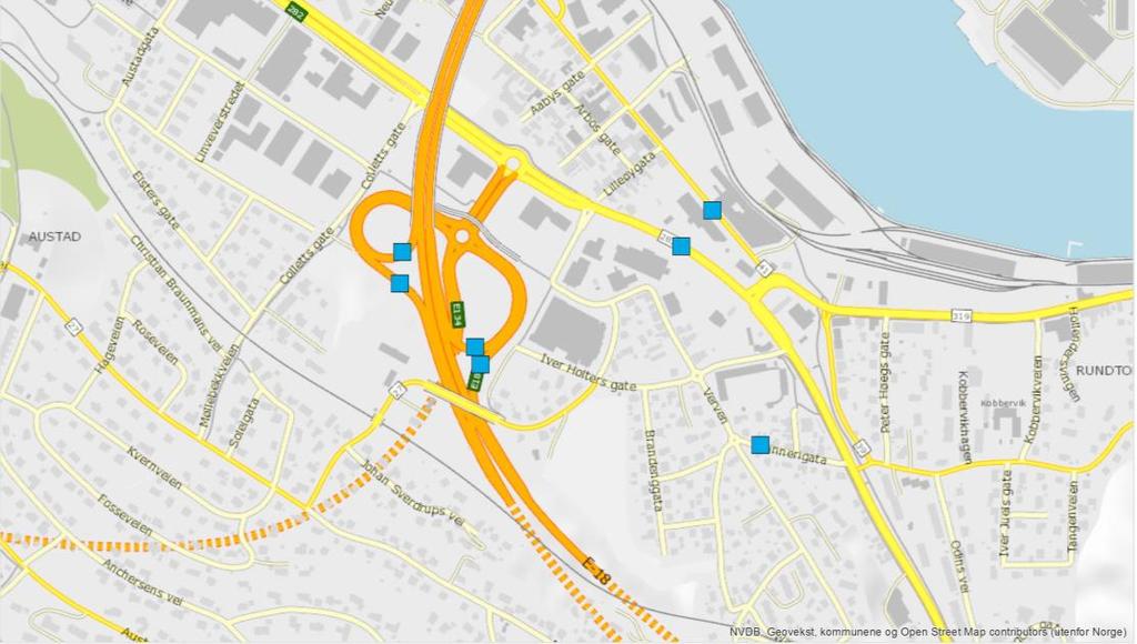 Anbefalt forslag til Buskerudbypakke 2 4.1.7 Bompunkter i Drammen ved Rundtom Bompunkter på Bangeløkka og ved Rundtom er vist på kart under.