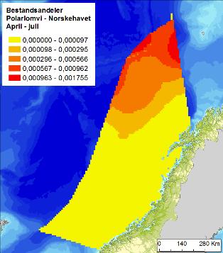 Figur F -12 Fordeling av polarlomvi (Uria lomvie) i Norskehavet, i sommer (april-juli), høst (augustnovember) og vintersesongen (november-mars), basert på modellerte data (Seapop, 2013).