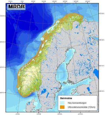 Figur F-43 Geografisk fordeling av steinkobbe innen norske farvann (DN & HI, 2010). Havert (Halichoreus grypus) forekommer i kolonier langs hele norskekysten.