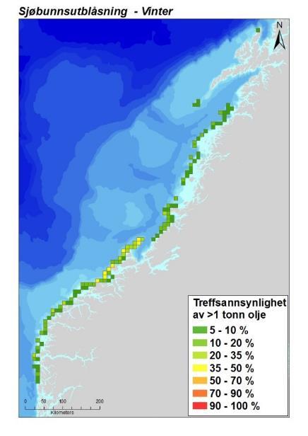 Figur 3-5 Sannsynligheten for treff av mer enn 1 tonn olje i 10 10 km kystruter gitt en sjøbunnsutblåsning fra Snorre-feltet i hver sesong.