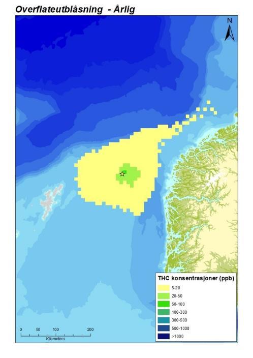 3.4.4 Vannsøylekonsentrasjoner Resultatene av konsentrasjonsberegningene rapporteres vanligvis som totale konsentrasjonsverdier av olje (THC) i de øverste vannmassene, det vil si det skilles ikke