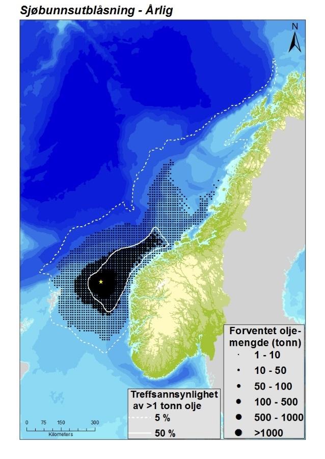 Figur 2 Forventede årlige treff av oljemengder gitt en overflate- og sjøbunnsutblåsning.