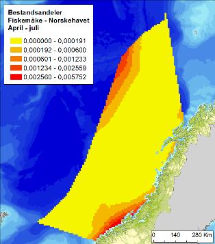 Figur F -3 Fordeling av alke (Alca torda) i Norskehavet, i sommer (april-juli), høst (august-november) og vintersesongen (november-mars), basert på