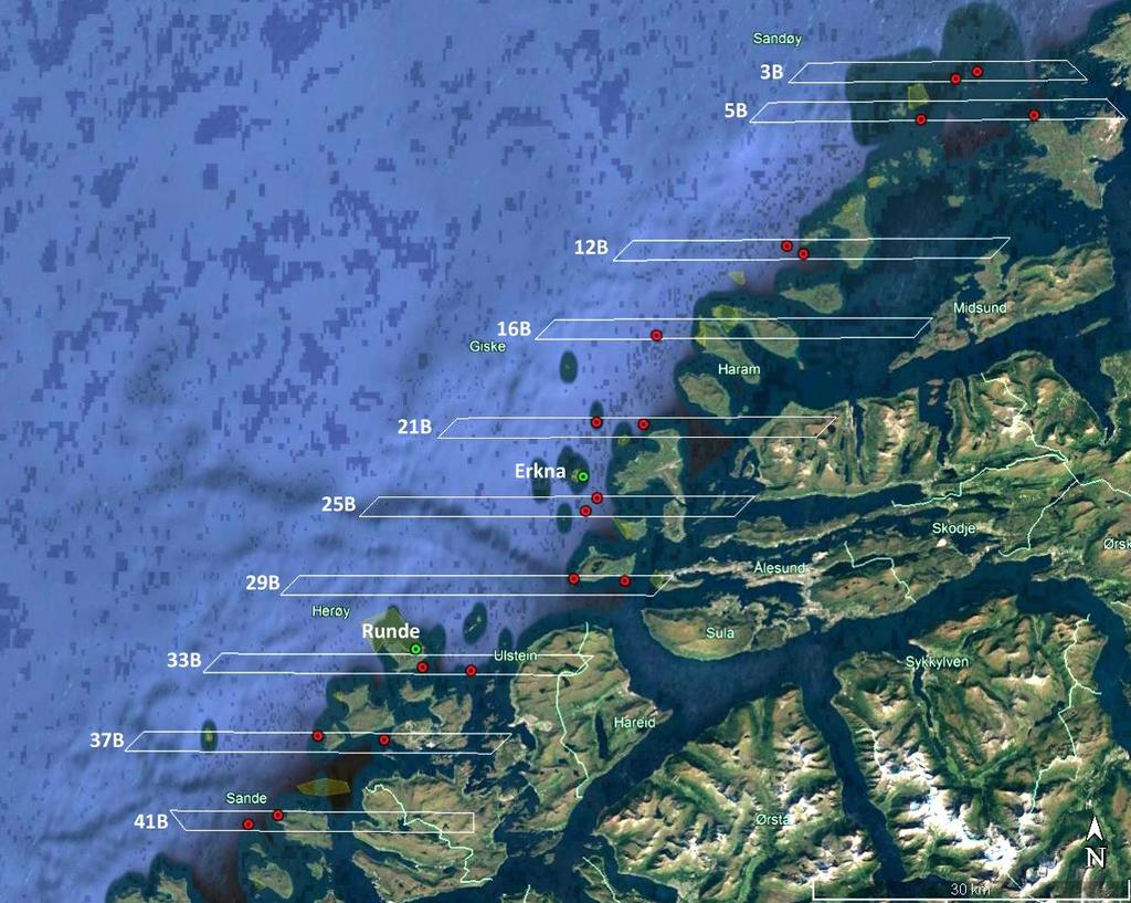 5 METODIKK 32 videostasjoner ble undersøkt i 18 A-felt i Møre og Romsdal i april juni 2017 (Figur 2 og 3).
