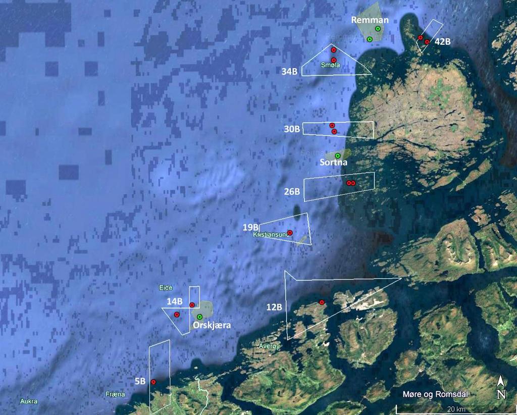 6 Figur 3. Stasjoner undersøkt i B-felt (røde punkter) og referanseområder (grønne punkter) i nordlig del av Møre og Romsdal i 2017. Gule polygoner markerer områder som er vernet for tarehøsting.