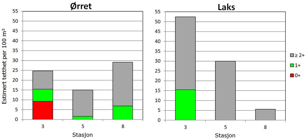 Figur 6. Lengdefordeling for ikkealdersbestemte ørretunger (grønne søyler) og laksunger (røde søyler) fanget ved elektrofiske på stasjon 3, 5 og 8 i Søre Vartdalselva 14. oktober 2014.