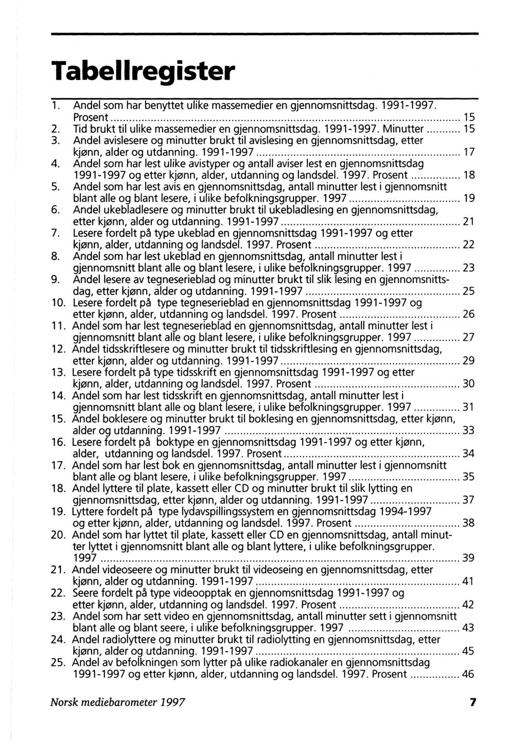 Tabellregister 1. Andel som har benyttet ulike massemedier en gjennomsnittsdag. 1991-1997. Prosent 15 2. Tid brukt til ulike massemedier en gjennomsnittsdag. 1991-1997. Minutter 15 3.