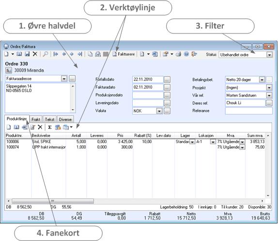 Vinduene i programmet Mamut Business Software Når du åpner en modul åpnes et nytt vindu for denne modulen. Vinduene i programmet er bygget opp over samme mal i alle moduler.