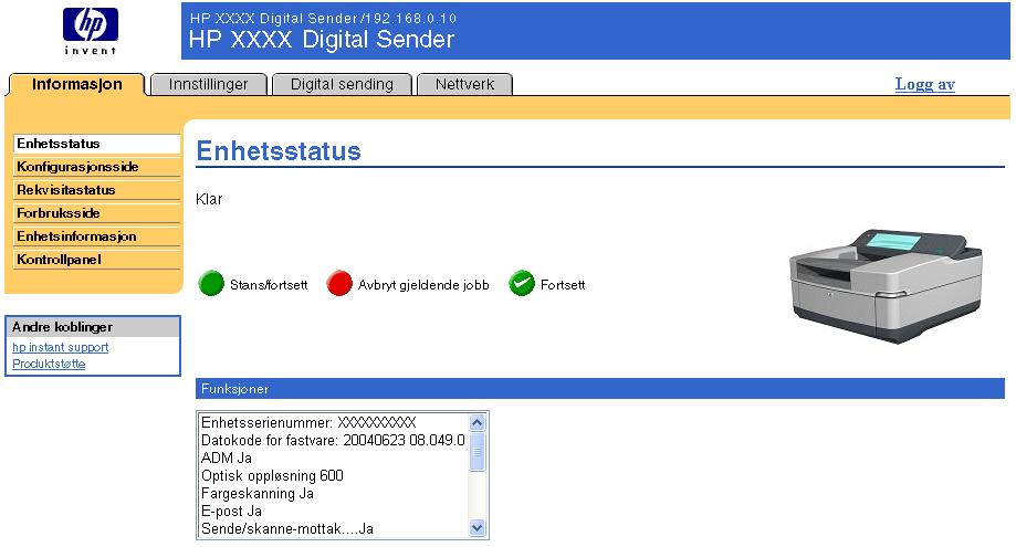 Enhetsstatus Bruk siden Enhetsstatus for å vise produktets gjeldende status. Illustrasjonen og tabellen nedenfor beskriver hvordan du bruker denne siden.