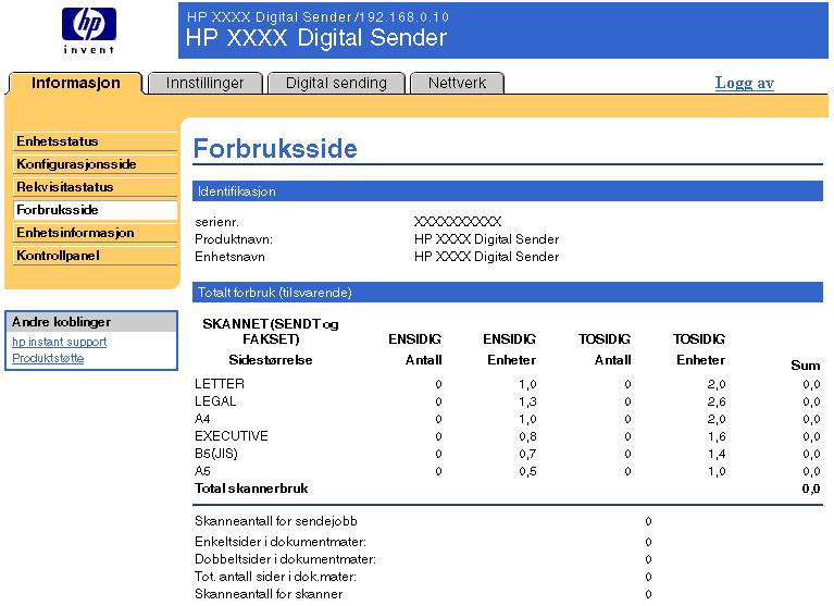 Forbruksside Forbrukssiden gir et sideantall for hver utskriftsmaterialstørrelse som har gått gjennom produktet, og den viser også antall tosidige sider.