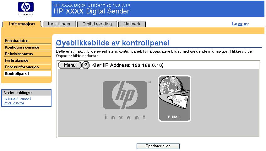 Kontrollpanel For produkter som har et kontrollpanel, viser kontrollpanelsiden produktets kontrollpanelvindu som om du stod ved produktet.