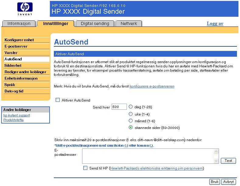 AutoSend Bruk AutoSend-siden for å sende informasjon om produktkonfigurasjon og rekvisitaforbruk jevnlig til tjenesteleverandøren.