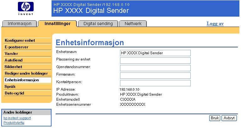 Enhetsinformasjon Bruk siden Enhetsinformasjon til å gi enheten navnet du ønsker, tildele et eiendelnummer og konfigurere firmanavnet, kontaktpersonen for enheten og enhetens fysiske plassering.