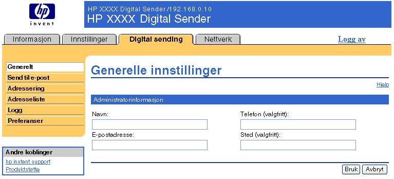 Generelt Bruk Generelt-siden til å angi administratorinformasjon for digital sending. Illustrasjonen og tabellen nedenfor beskriver hvordan du bruker denne siden.