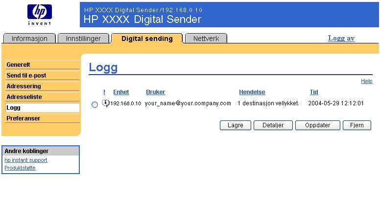 Logg Bruk Logg-siden til å vise informasjon om en digital sendejobb, inkludert eventuelle feil som oppstår. Illustrasjonen og tabellen nedenfor beskriver hvordan du bruker denne siden.