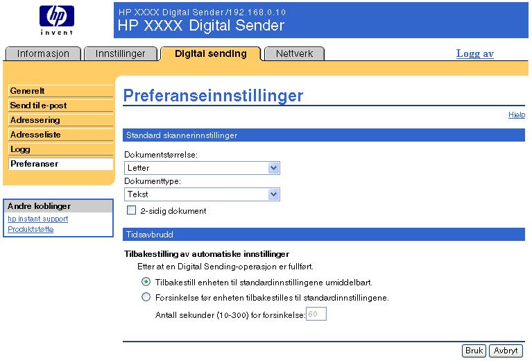 Preferanser Bruk Preferanser-siden til å konfigurere generelle innstillinger for Digital Sending-funksjonene. Illustrasjonen og tabellen nedenfor beskriver hvordan du bruker denne siden.