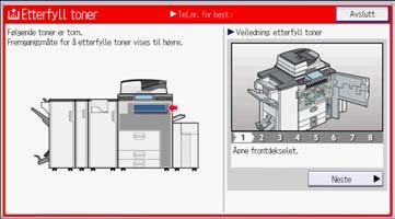 Etterfylle toner Unngå å få toner (ny eller brukt) på huden når du fjerner papir som har satt seg fast eller bytter toner. Hvis du får toner på huden, vasker du området grundig med såpe og vann.