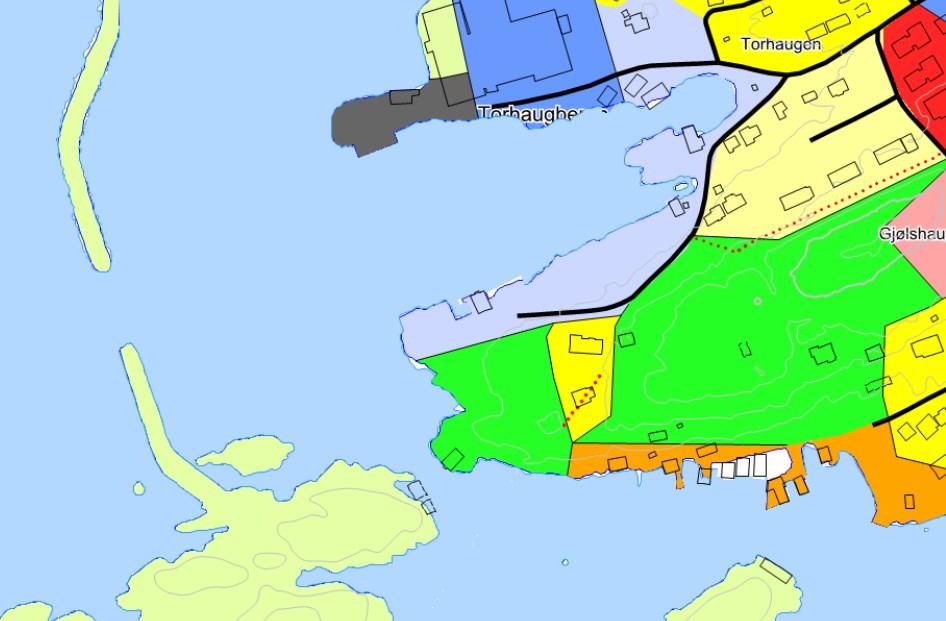 Figur 7. Arealbruk i gjeldande kommuneplan for det aktuelle området. Fylkesrådmannen vurderer bustader generelt som mindre negativt for kulturmiljøet og kulturlandskapet enn industri.