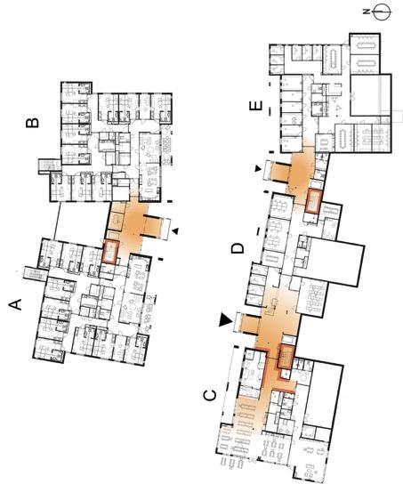 Plan 1 retning nord oppover Vertikale flater / vegger i inngangssoner, vestibyle og trapperom som inngår i idékonkurransen er markert.