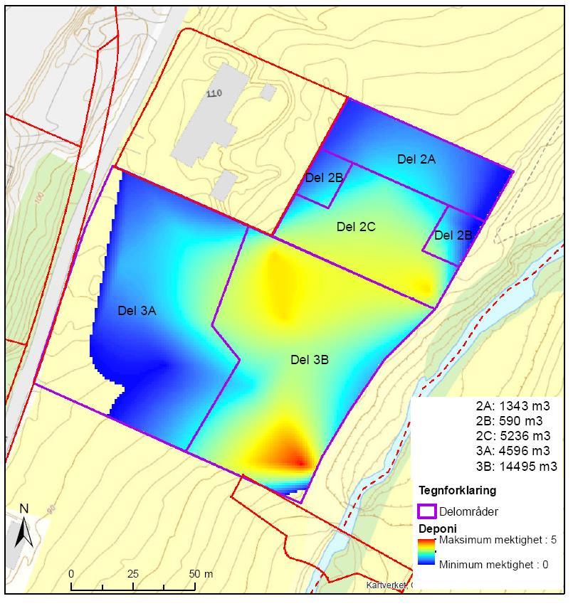 5.1 Utbredelse og mektighet av avfallsfylling Avfallsmassenes utbredelse og volum er beregnet ved å ta utgangspunkt i registrert mektighet i massene, og interpolere dette med hjelp av ArcGis på et