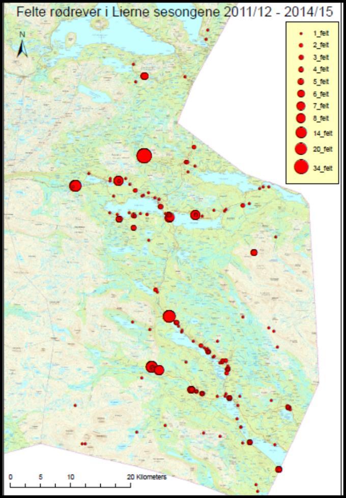 I tillegg til uttak over tid i Lierne og nabokommuner, er det innenfor JiL-prosjektet også interessant å se på den romlige fordelingen av uttaket innenfor Lierne kommune.