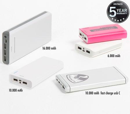 ELEKTRONISKE GAVER NØDLADERE - POWER BANKS Kraftige nødladere med kapasitet fra 2000 mah og opp til 20000 mah. De to største med 3 USB utganger. Tekniske data for 16000 mah: Mål: Ca. 8 x 16,6 x 3 cm.