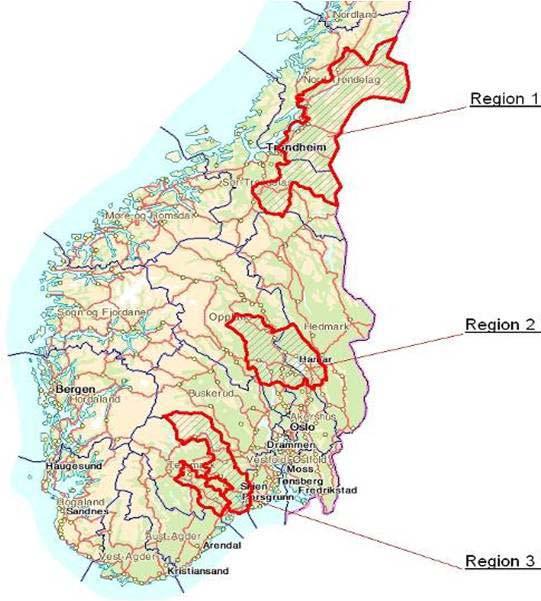 Figur 2. Utvalgte regioner hvor de analyserte grankonglene ble sanket fra. Skogfrøverket har delt sankeområdene for skogfrø i Norge inn i ni høydelag. Høydelag 1 strekker seg fra 0-149 m o.h., mens høydelagene 2-9 utgjør 100 m soner fra 150-249 m o.