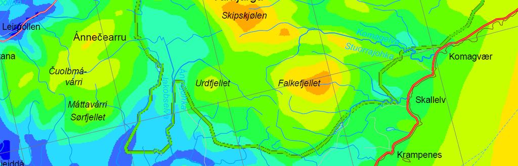 Lokal energiutredning Vadsø kommune 2011 16 Kartet viser et vindatlas som NVE er publisert på www.