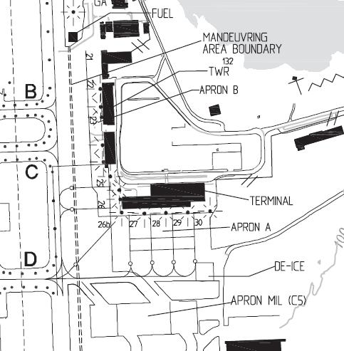 Figur 9 - Flyoppstilling ved Evenes Vi antar at flyoppstillingsplassene 26 og 26b langs vestsiden av terminalen mot takse- og rullebane kan opprettholdes ved etablering av kampflybase.