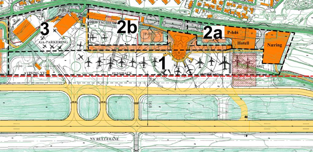 være minst 615 meter. I masterplan fra 2007 er det antydet flyparkering på begge sider av vestre pir på terminalen (nord og sør). Det synes å bli for trangt, selv for mindre kode C-fly.