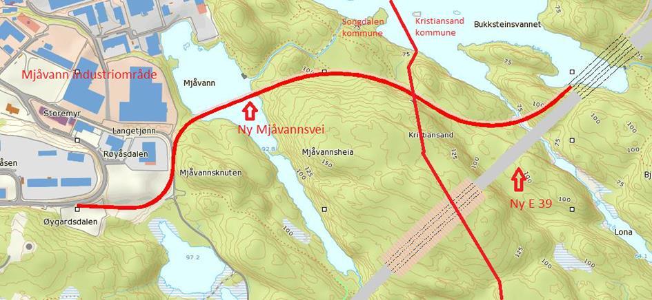 Kartet viser ny Mjåvannsvei. Øverst til høyre i kartet begynner nytt kryss med Grauthelleren. Planprogrammet inneholdt opprinnelig supplerende konsekvensutredning for to tiltak.