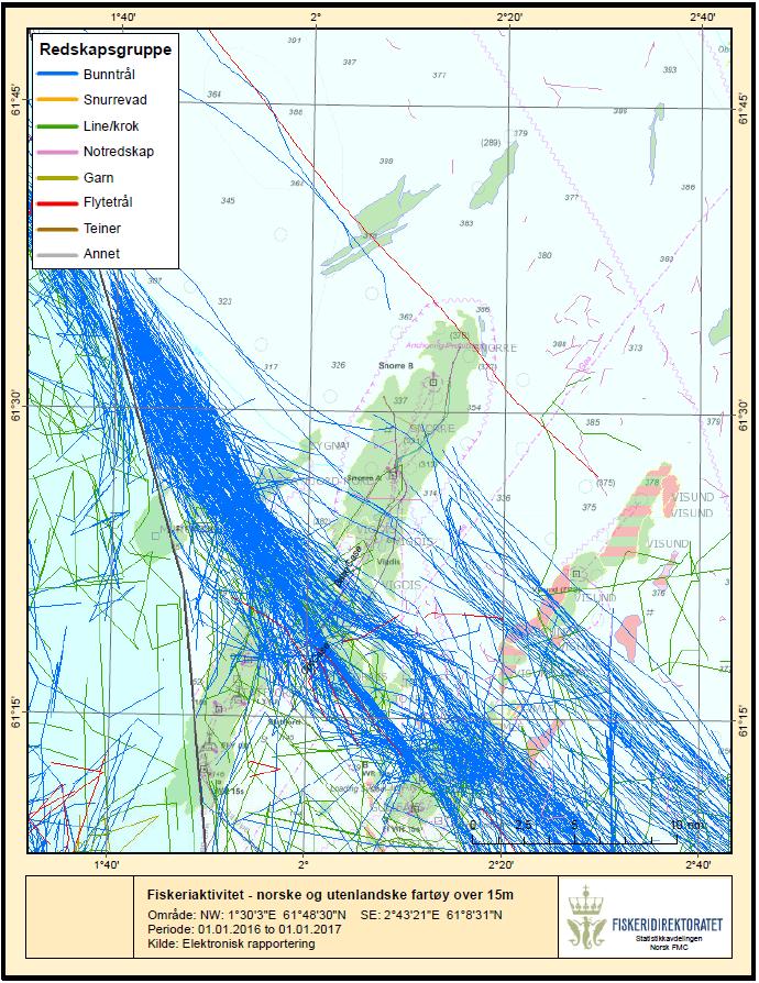 Figur 10-3 Fiskeriaktivitet med norske og utenlandske fartøyer over 15 meter i området omkring Snorre i 2016.