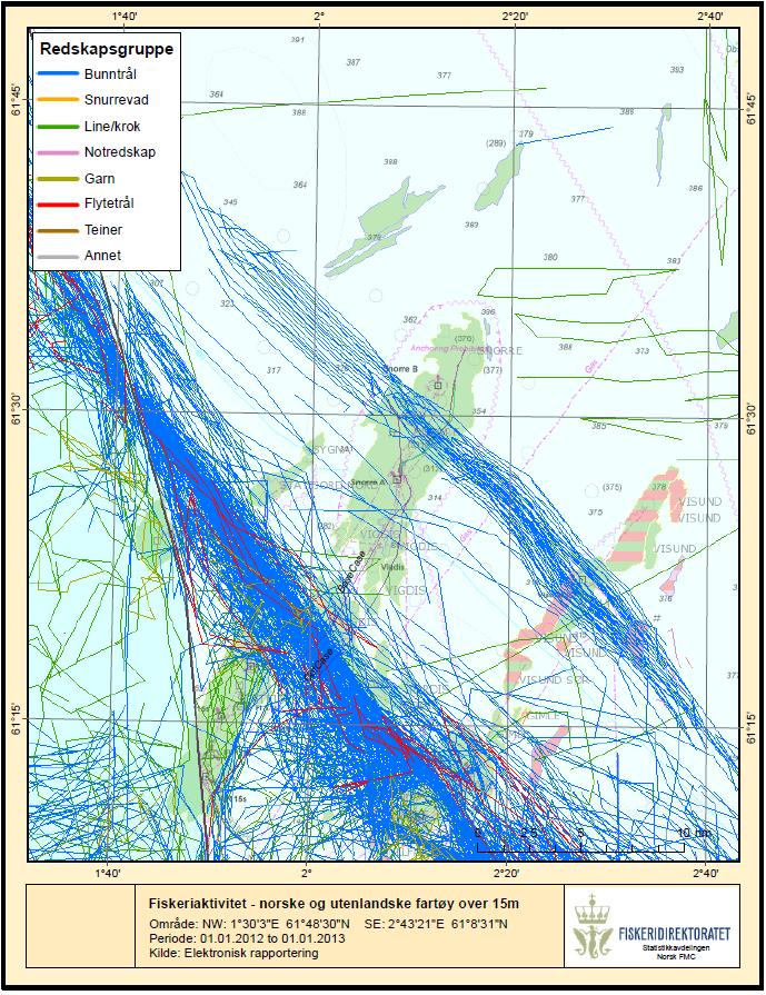 Figur 10-4 Fiskeriaktivitet med norske og utenlandske fartøyer over 15 meter i området omkring Snorre i 2012.