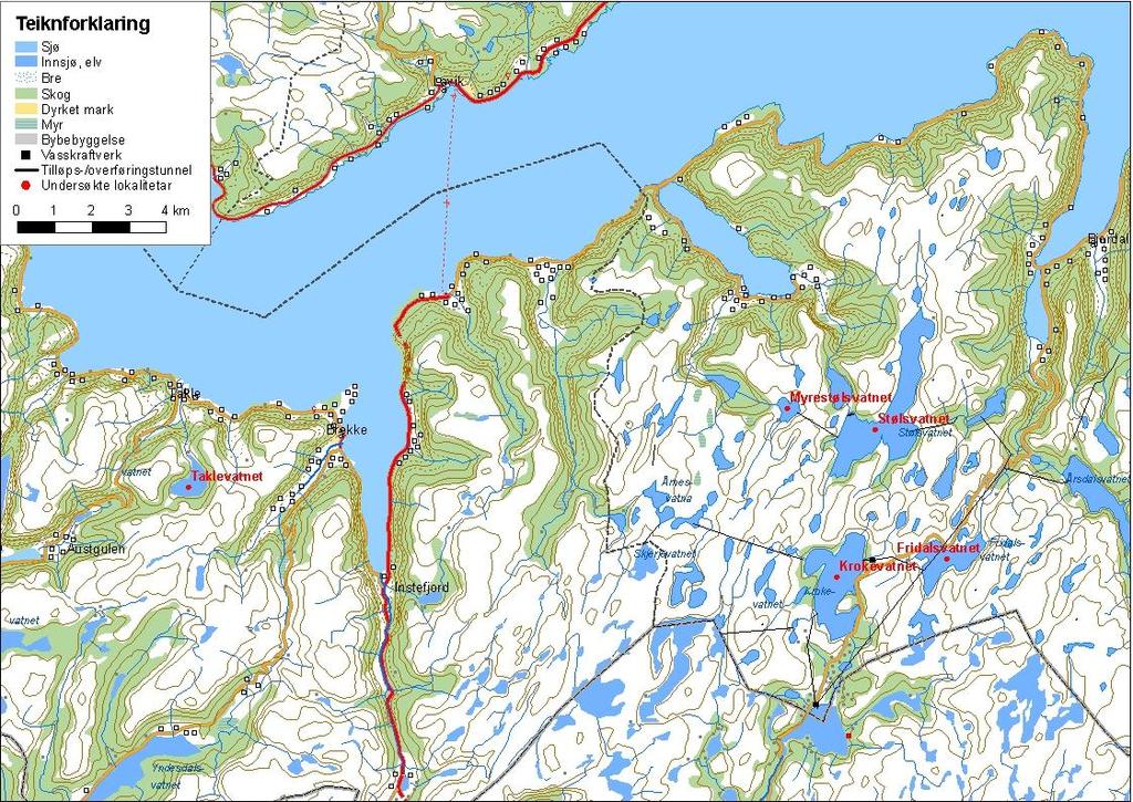 . BKK Det vart undersøkt fem vatn hjå BKK i 7, og det var Fridalsvatnet, Krokevatnet, Myrestølsvatnet og Stølsvatnet i Høyanger kommune og Taklevatnet i Gulen kommune. Figur.