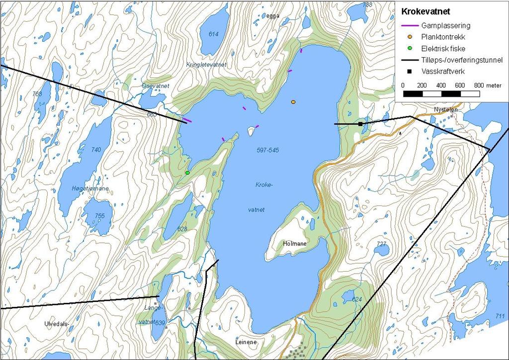 .. Krokevatnet Krokevatnet (innsjønummer ) ligg i Matrevassdraget i Høyanger kommune (figur ). Magasinet er,86 km² stort, høgaste regulerte vasstand er 597,3 moh. og reguleringshøgda er 5,3 meter.