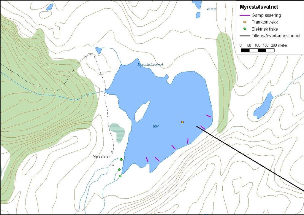 ..3 Myrestølsvatnet Myrestølsvatnet (innsjønummer 5) ligg i Storelva i Høyanger kommune (figur ). Vatnet er,6 km² stort, og ligg 56 moh.