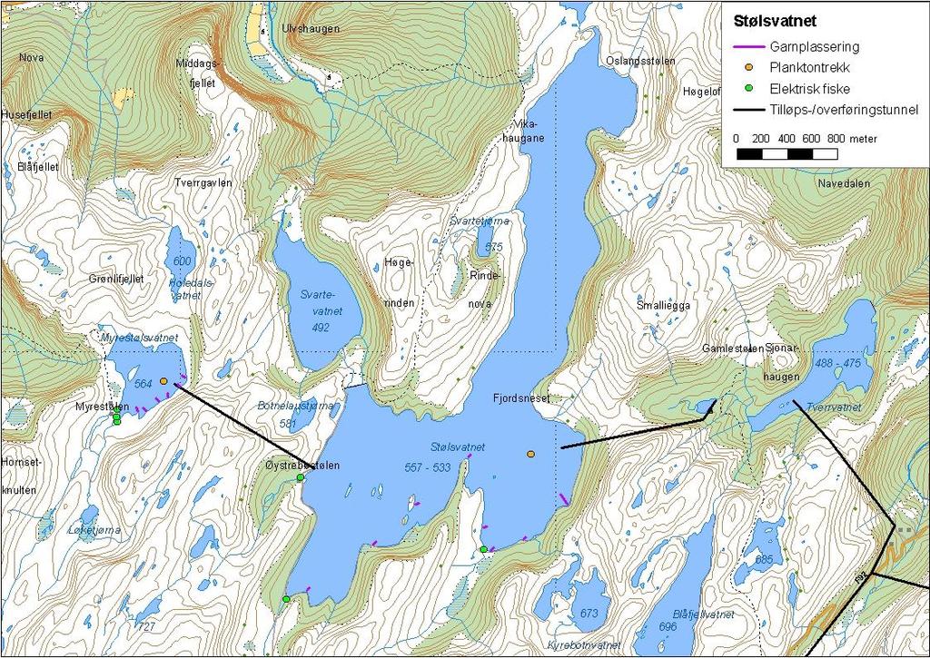 .. Stølsvatnet Stølsvatnet (innsjønummer 9) ligg i Øystrebøelva i Høyanger kommune (figur ). Magasinet er 3,76 km² stort, høgaste regulerte vasstand er 557 moh. og reguleringshøgda er, meter.
