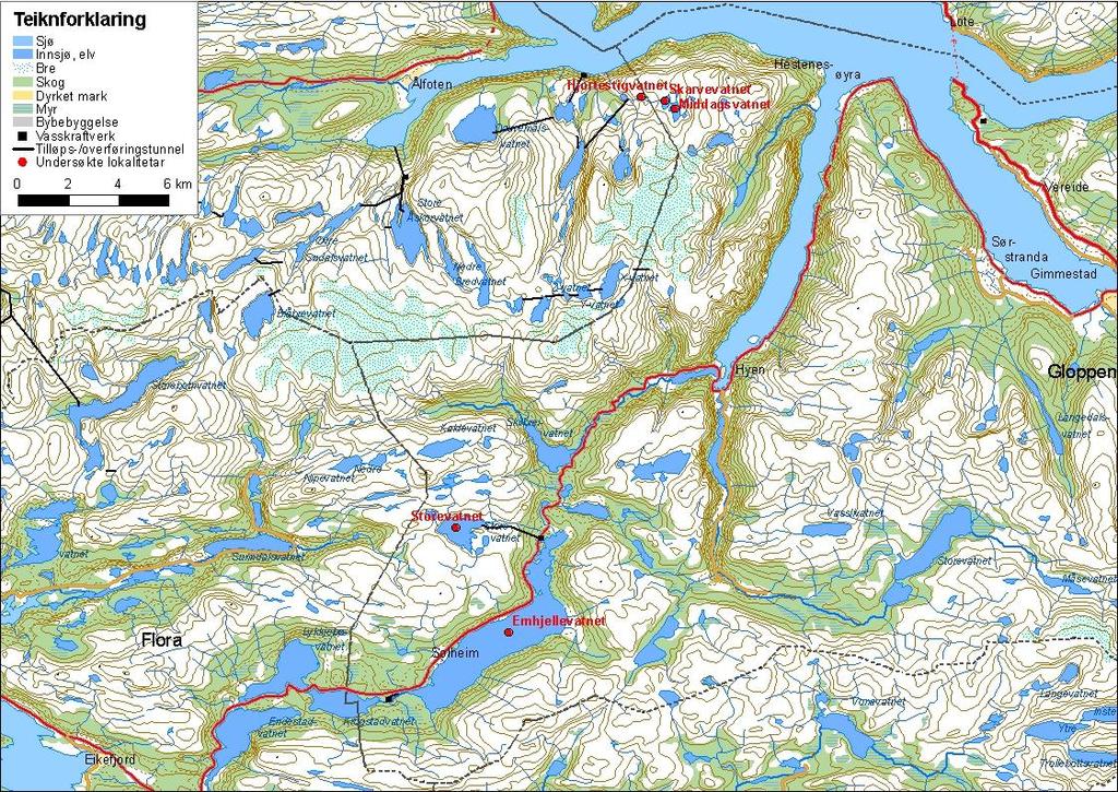 .5 Sogn og Fjordane Energi Det vart undersøkt fem vatn hjå Sogn og Fjordane Energi i 8, og det var Emhjellevatnet og Storevatnet i Oselvvassdraget i Gloppen kommune, og Hjortestigsvatnet,