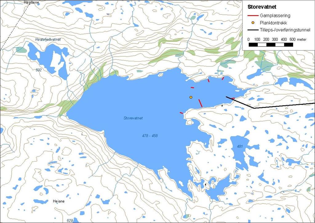 .5. Storevatnet Storevatnet (innsjønummer 76) ligg i Oselvvassdraget i Gloppen kommune (figur 65). Vatnet er,38 km², høgaste regulerte vasstand er 77,5 moh.